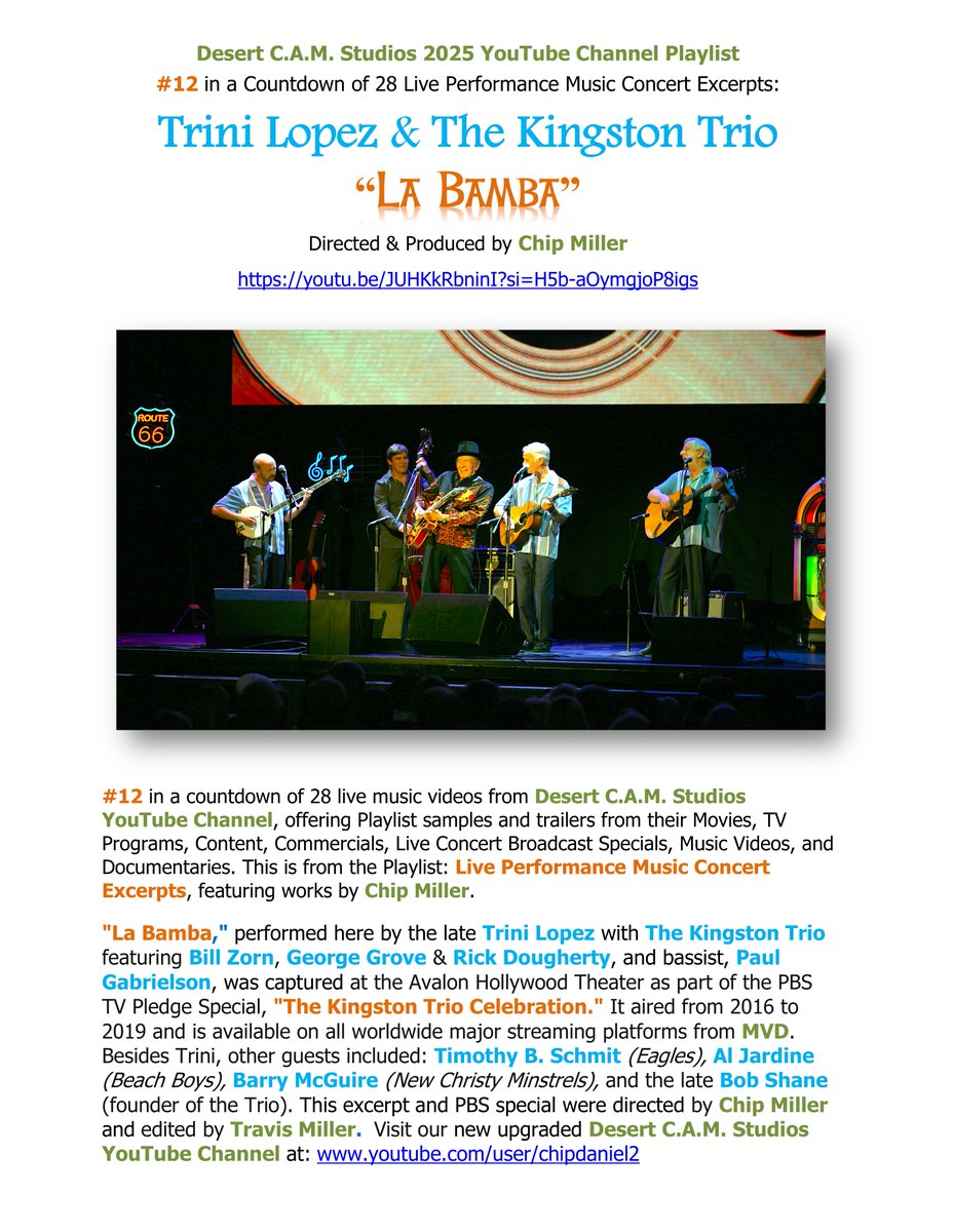 ChipDCAM's tweet image. Musical history moment as late singer/film/TV actor, TRINI LOPEZ joins THE KINGSTON TRIO for "La Bamba" at live taping in Hollywood of all-star PBS Concert special, "The Kingston Trio Celebration," directed by CHIP MILLER. youtu.be/JUHKkRbninI?si…
