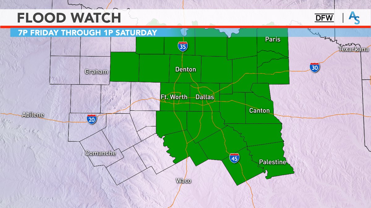 donowx's tweet photo. ☔️ Heads Up, DFW! ☔️

A Flood Watch is in effect for DFW in advance of widespread rainfall tomorrow into Sat.

🌧️ 2-4" totals likely with localized 5-6" possible
⛈️ Heaviest rain from 4p Friday - 7a Saturday
⚠️ This WILL disrupt Friday evening-Saturday plans!

#txwx #dfwwx #ntxwx https://t.co/dQCQbQfW0r