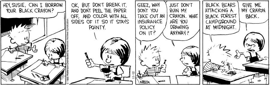 Calvinn_Hobbes's tweet image. Susie learns the hard way that lending Calvin a crayon is never a good idea.
#CalvinandHobbes #ClassroomChaos #CreativeMess