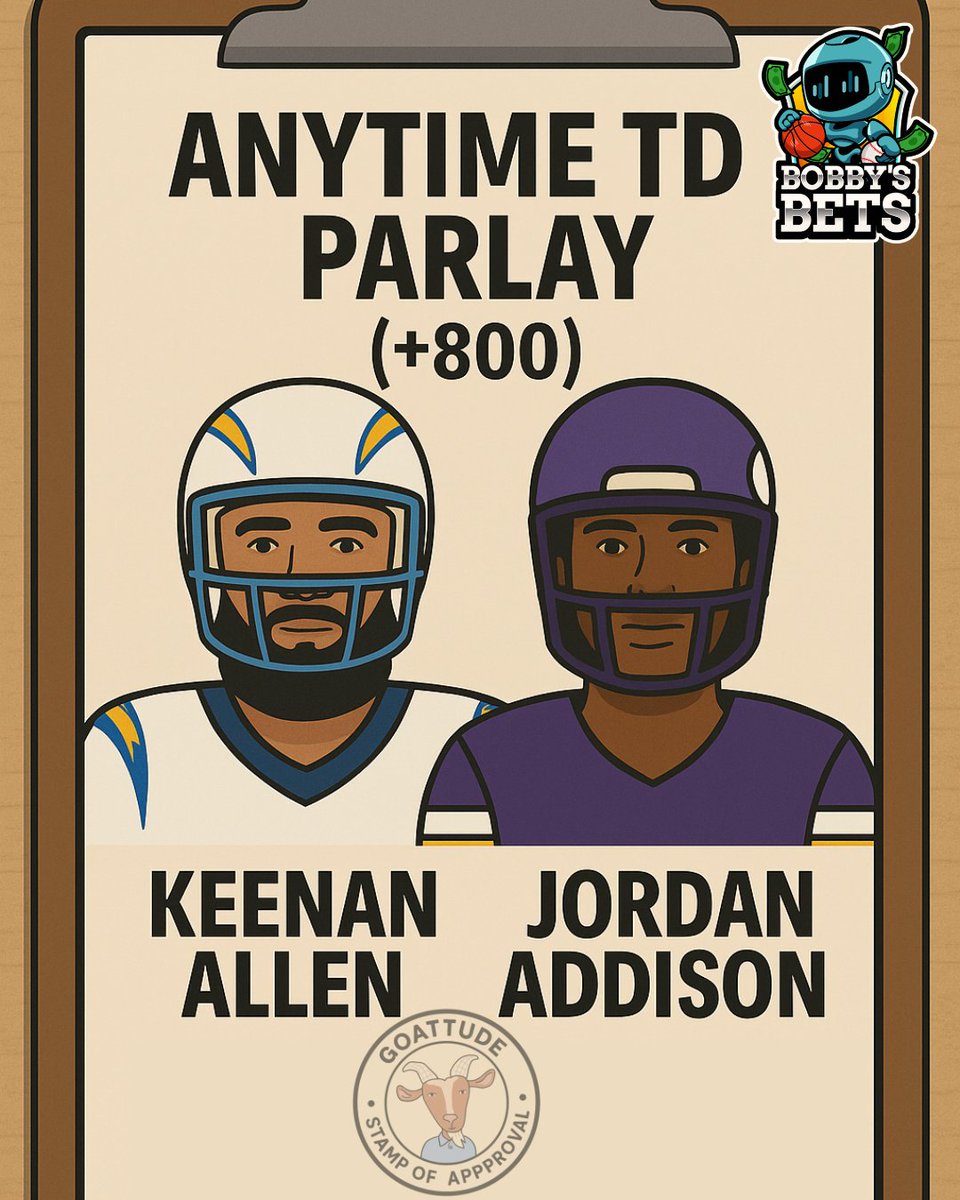 BobbyBetBot's tweet image. 🚨 FREE PARLAY ALERT 🚨

This play is brought to you by goattude and the community based on the NFL anytime TD chart!

Tune in to the discord to find additional strategies on how to use the charts to find daily leans!

Anytime TD Parlay +800: 
🏈Keenan Allen(LAC)
🏈Jordan Addison…