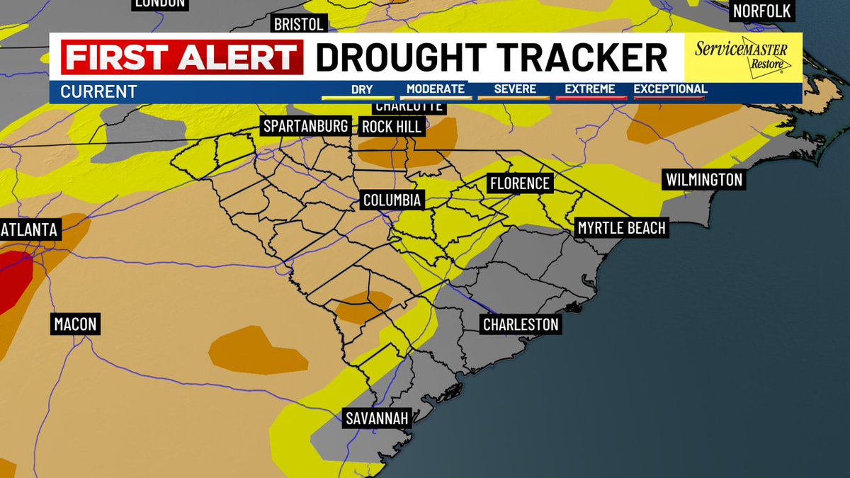DROUGHT MONITOR: Although conditions have improved for most of the Lowcountry, some areas of moderate drought are ongoing west of I-95. This - combined with dry fuels - will allow for marginal fire weather conditions through Friday before humidity increases this weekend. #SCWX