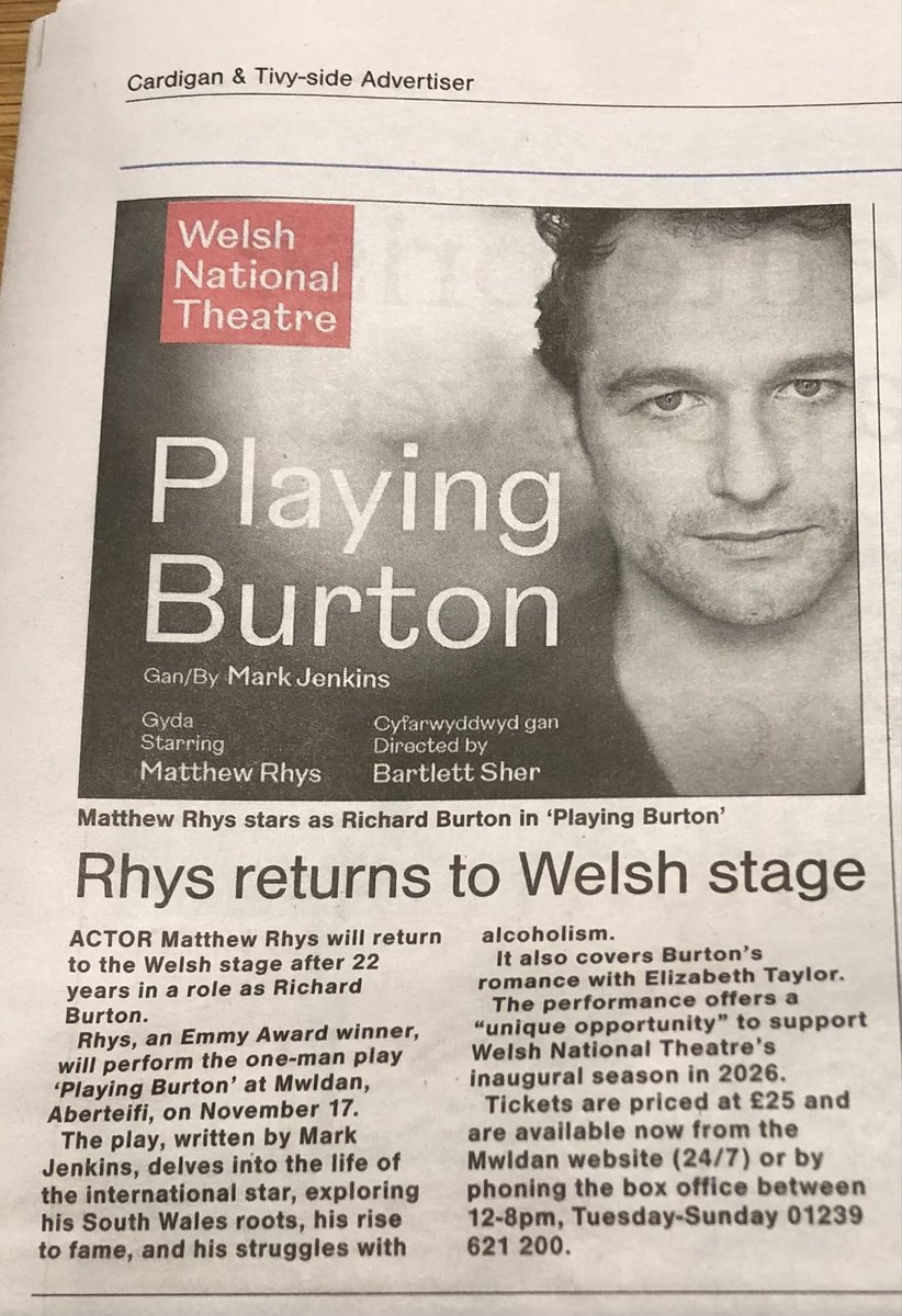 Well, here’s something I never thought I’d see in the “Tivyside”.

On a Sunday, The Old Vic. The following day, Cardigan’s Mwldan. Wow!

<a href="/WelshNatTheatre/">Welsh National Theatre</a> <a href="/MatthewRhys/">Matthew Rhys</a>