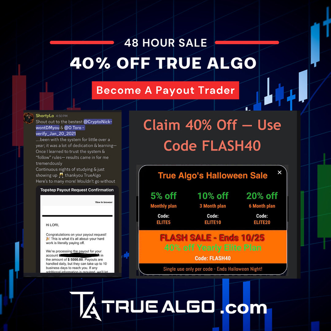 True_Algo's tweet image. ⏳ Less than 48 hours to go. That’s all that’s left to lock in our best price of the year!
Elite Annual Plan: normally $2,892, now $1,735.20 (40% OFF with code FLASH40).
Get mentored on Live Candles. No Hindsight. If payouts keep blowing up before you get them, this will help…