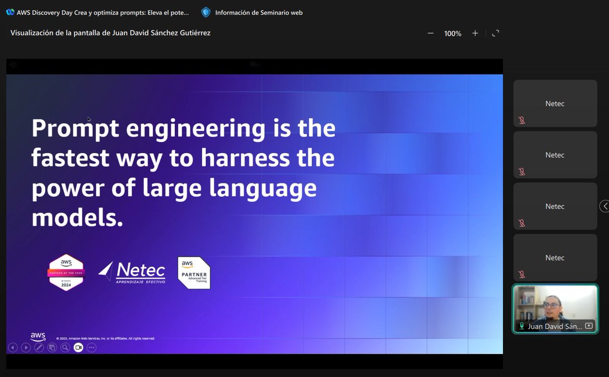 netec's tweet image. ✅ ¡Finalizamos con éxito el AWS Discovery Day!
Exploramos foundation models, buenas prácticas de prompt engineering y técnicas para mejorar el rendimiento de modelos de Machine Learning 🤖📈
Gracias a todos por ser parte de este espacio. 🙌
#NetecConecta #AWS #IA