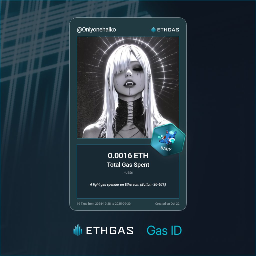 Just unlocked my Gas ID via ETHGas 🪪

I'm a Baby Jack with 0.0016 ETH spent on gas since Beacon Chain - now fueling my climb to the Gasless Future and earned 1 Beans already. 

Reveal yours at ethgas.com/community/gas-…