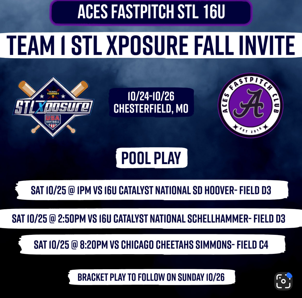 Ready to get the fall <a href="/AcesSTL16u/">Aces Fastpitch STL 16u</a> season started. We play 3 games on 10/25 @ 1pm, 2:50pm &amp; 8:20pm in Chesterfield, MO. I’ll be at camp Sat morning too.

<a href="/CoastRecruitsSB/">Coast Recruits 🥎</a> <a href="/UNISoftball/">UNI Softball</a>  <a href="/MHSRebelsSB/">Maryville Rebels Softball</a> <a href="/KStokes10/">Kiki Stokes O’Connor</a> <a href="/chelseyUMSL/">@chelseymulligan</a> <a href="/kcroossb/">Kansas City Softball</a>