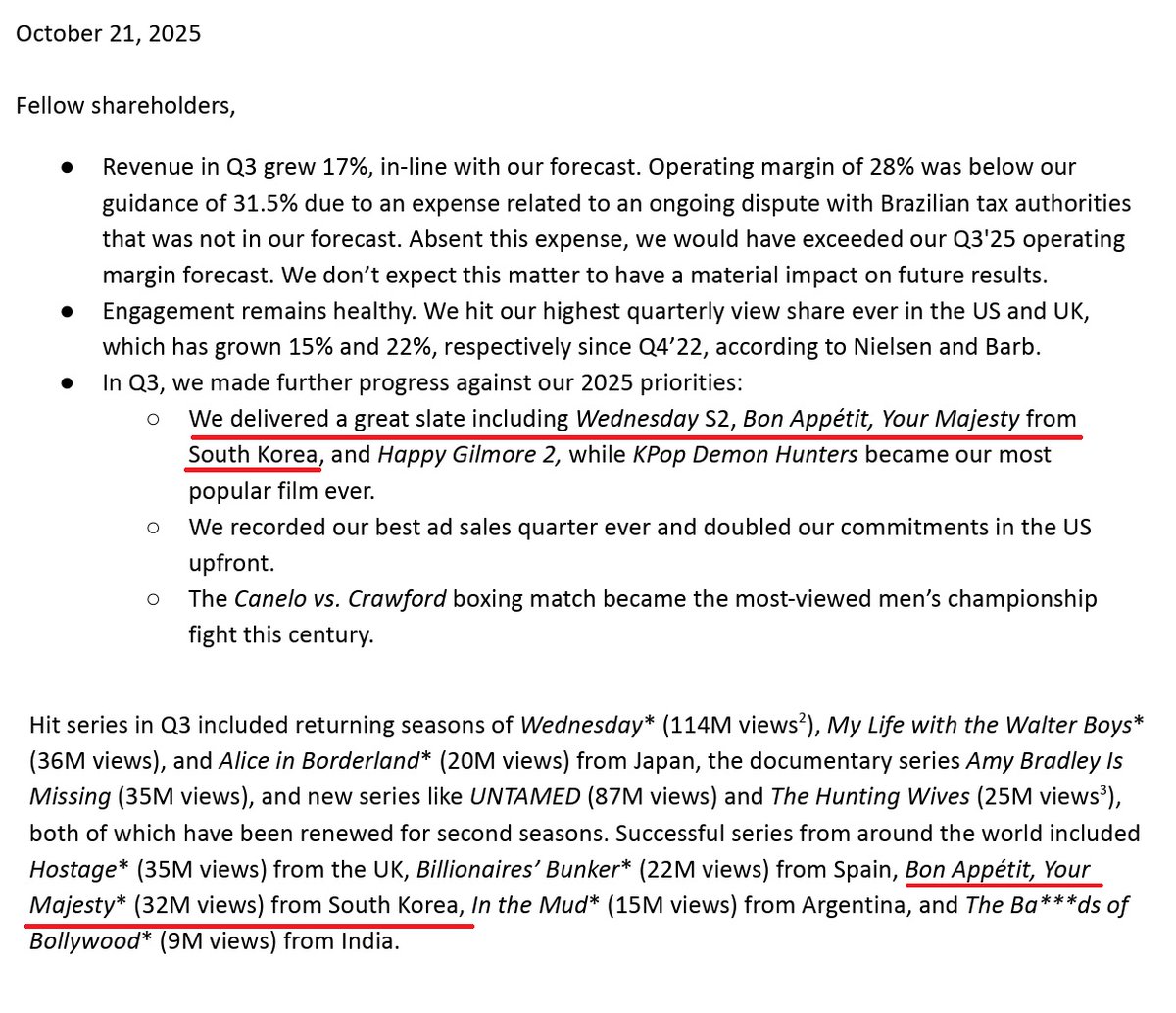 mystarmyangel's tweet image. [INFO] #BonAppetitYourMajesty mentioned in Netflix's 2025 Q3 Letter to Shareholders as one of their hit contents that attribute to their results in Q3!

Not a netflix original but got mentioned right in beginning of the letter cause of its stellar results 🤭…