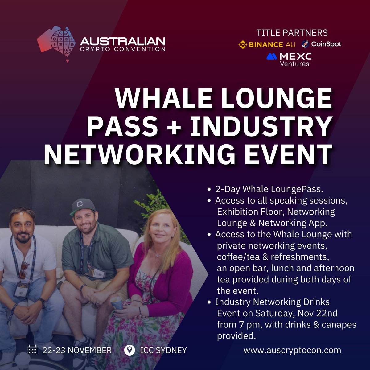 AusCryptoCon's tweet image. Connect with the industry’s best at #AusCryptoCon 2025 with the Whale Lounge &amp;amp; Industry Networking Pass 🎟️ 

Ticket prices rise November 1st &amp;gt; buff.ly/e9HMayB