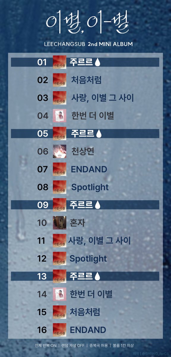 SPRING_forCS's tweet image. 10월 22일 수요일 6PM(KST)에 공개되는 이창섭의 두 번째 미니 앨범 &amp;lt;이별, 이-별&amp;gt;의 권장 스트리밍 리스트입니다.
멜론을 기준으로 제작된 스밍리스트이나, 타 어플(지니/벅스/플로/바이브)에서도 동일하게 적용 가능합니다.
#이창섭 #changsub
(반복재생ON, 랜덤재생 OFF)