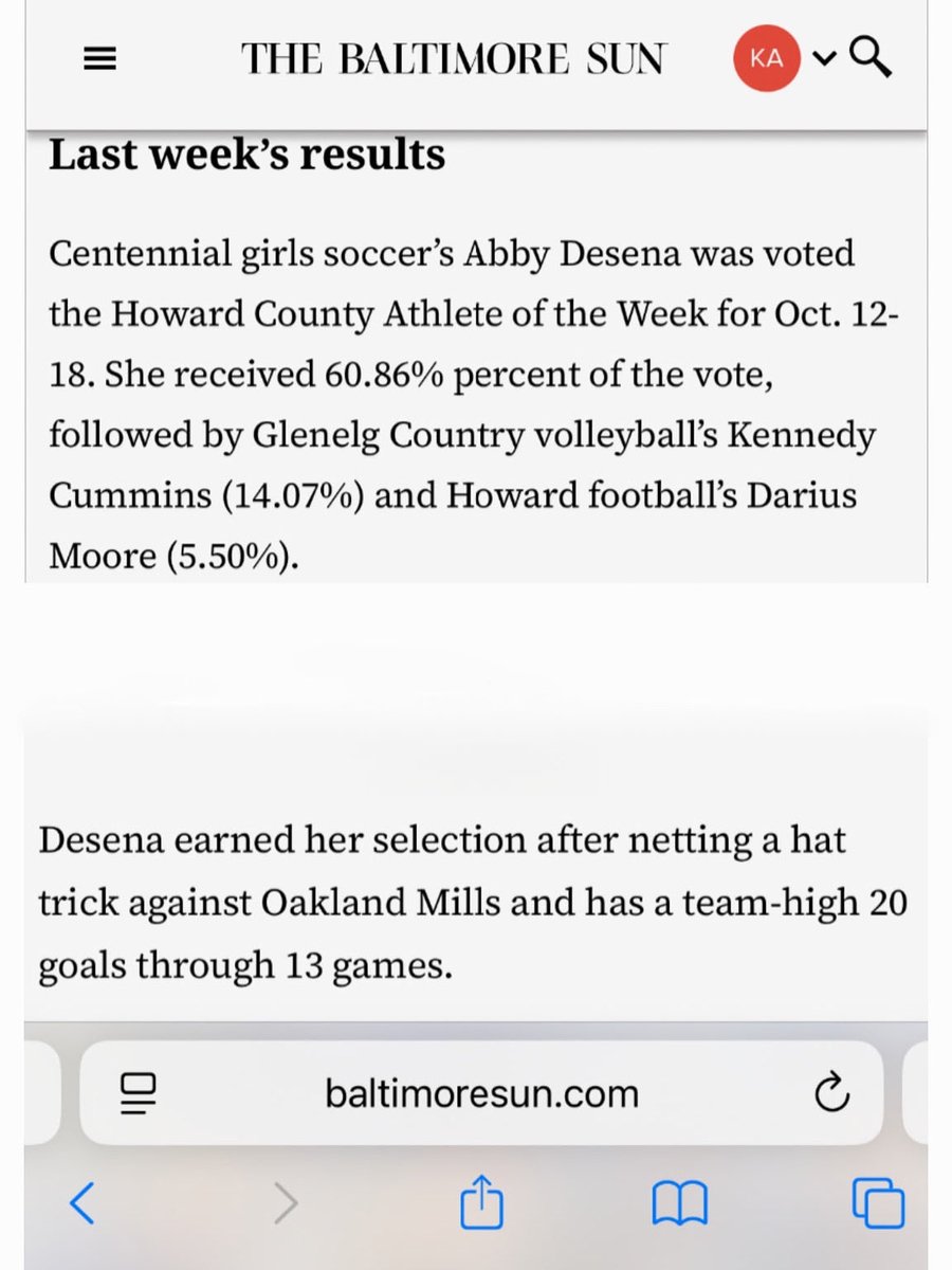Won Howard County Athlete of the Week‼️ Thank you to everyone who supported me and thank you <a href="/BaltSunSports/">Baltimore Sun Sports</a>! 

<a href="/GAcademyLeague/">Girls Academy</a>
<a href="/coachhaddad/">Sam Haddad</a> @bagirlsacademy <a href="/ImYouthSoccer/">ECNL/GA/Recruiting/College Soccer</a> <a href="/ImCollegeSoccer/">College Soccer Truth ™</a> <a href="/MaxPreps/">MaxPreps</a> <a href="/TopPreps/">Top Preps #1 Scouting and Promotional Services</a> <a href="/PrepSoccer/">Prep Soccer ⚽️</a> <a href="/BaltNGSoccer/">Baltimore's NextGen</a>  <a href="/nxt1sports/">NXT 1</a> <a href="/SunilSportsNews/">Sports News By Sunil Sunder Raj</a> <a href="/gatorjack72/">Girls In The Game</a>