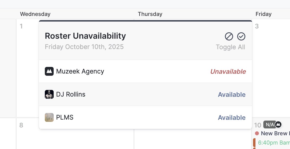 MuzeekAI's tweet photo. NEW: easily adjust Roster availability from your primary calendar. 🗓️

You can now toggle individual day avails, or all at once, directly from the primary collective calendar on behalf of any account in your roster! https://t.co/HVcdasiVRB