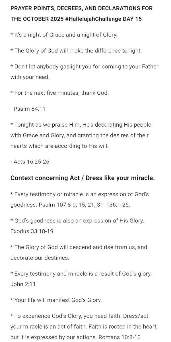 TosinofJesus's tweet image. PRAYER POINTS, DECREES, AND DECLARATIONS FOR THE OCTOBER 2025 #HallelujahChallenge DAY 15
LET THE TESTIMONIES BEGIN!!!
#HallelujahChallenge2025
#HallelujahChallengeOCT2025