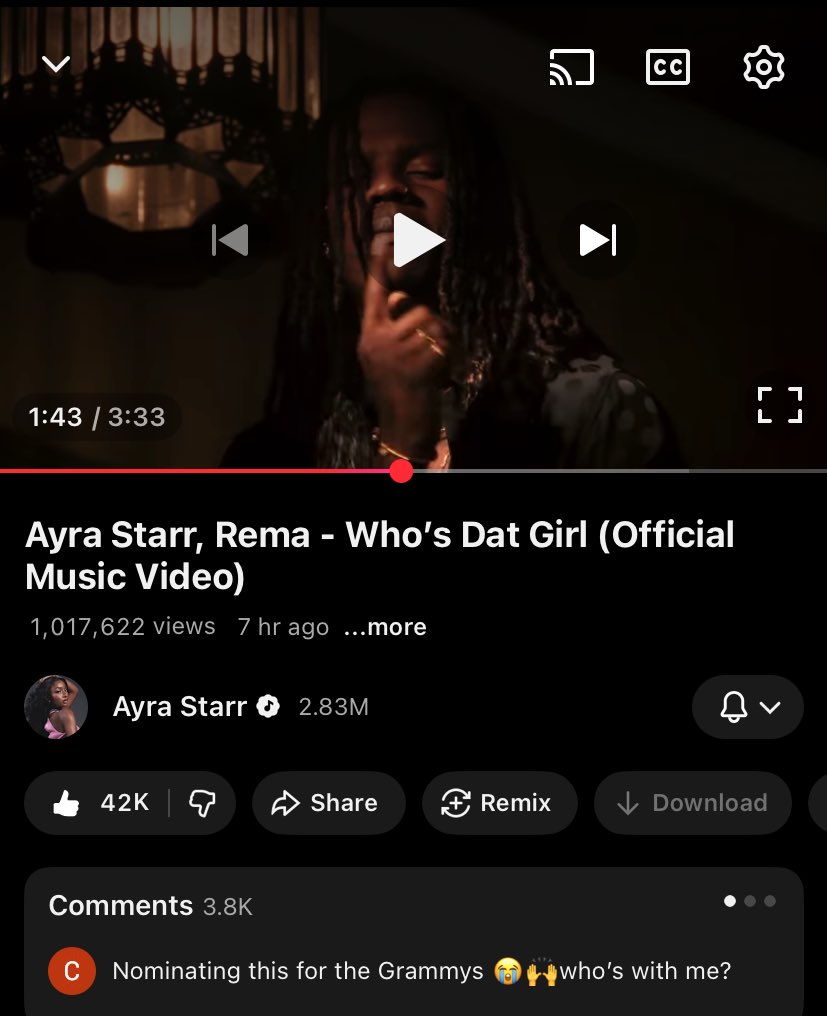 Ayra starr and Rema’s “Who’s dat girl” has surpassed 1m views on YouTube in just 7 hours of release!!