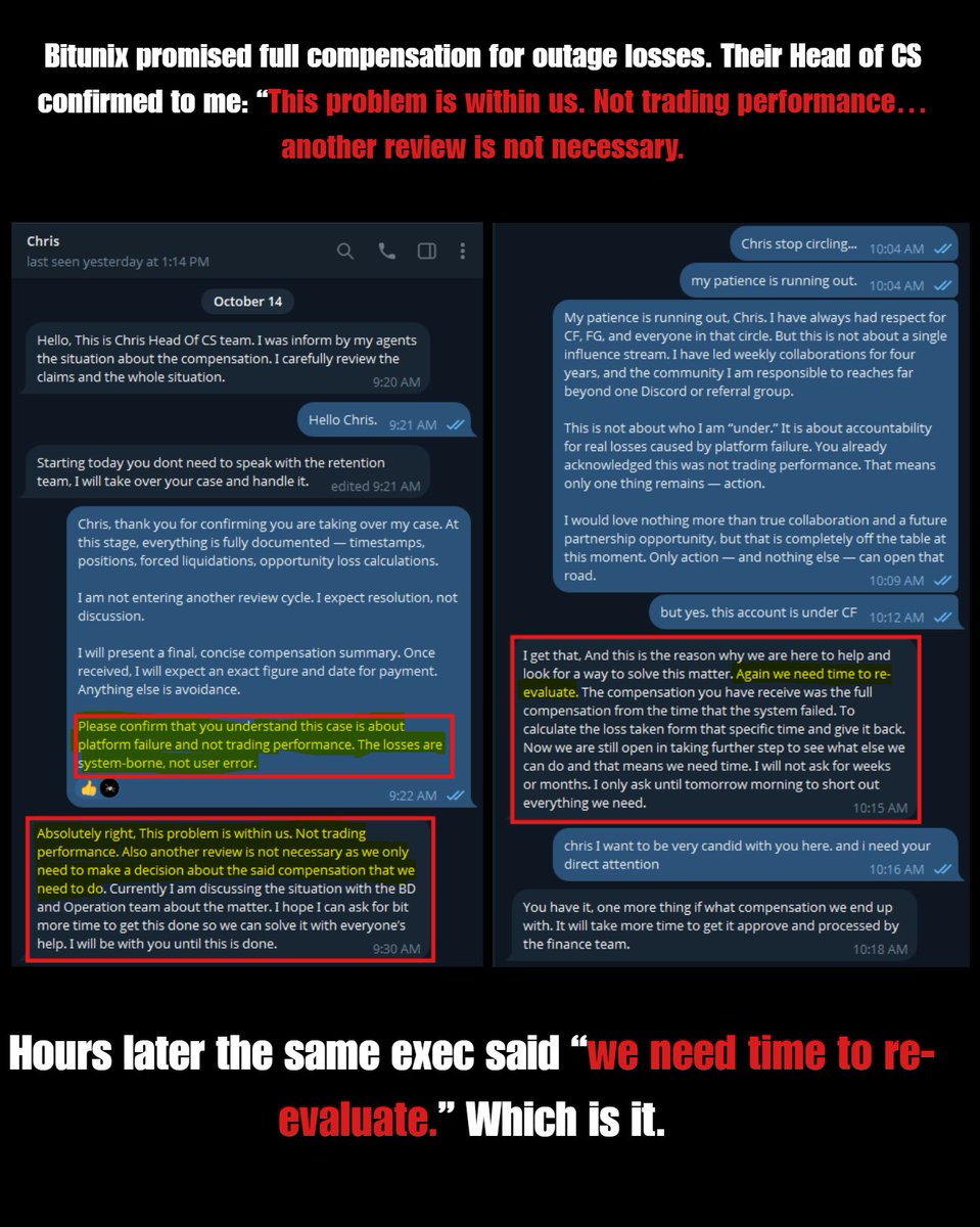 savage_toe's tweet image. UPDATE!
@BitunixOfficial promised full compensation for outage losses. Their Head of CS confirmed to me: “This problem is within us. Not trading performance… another review is not necessary.
Hours later the same exec said “we need time to re-evaluate.” Which is it.