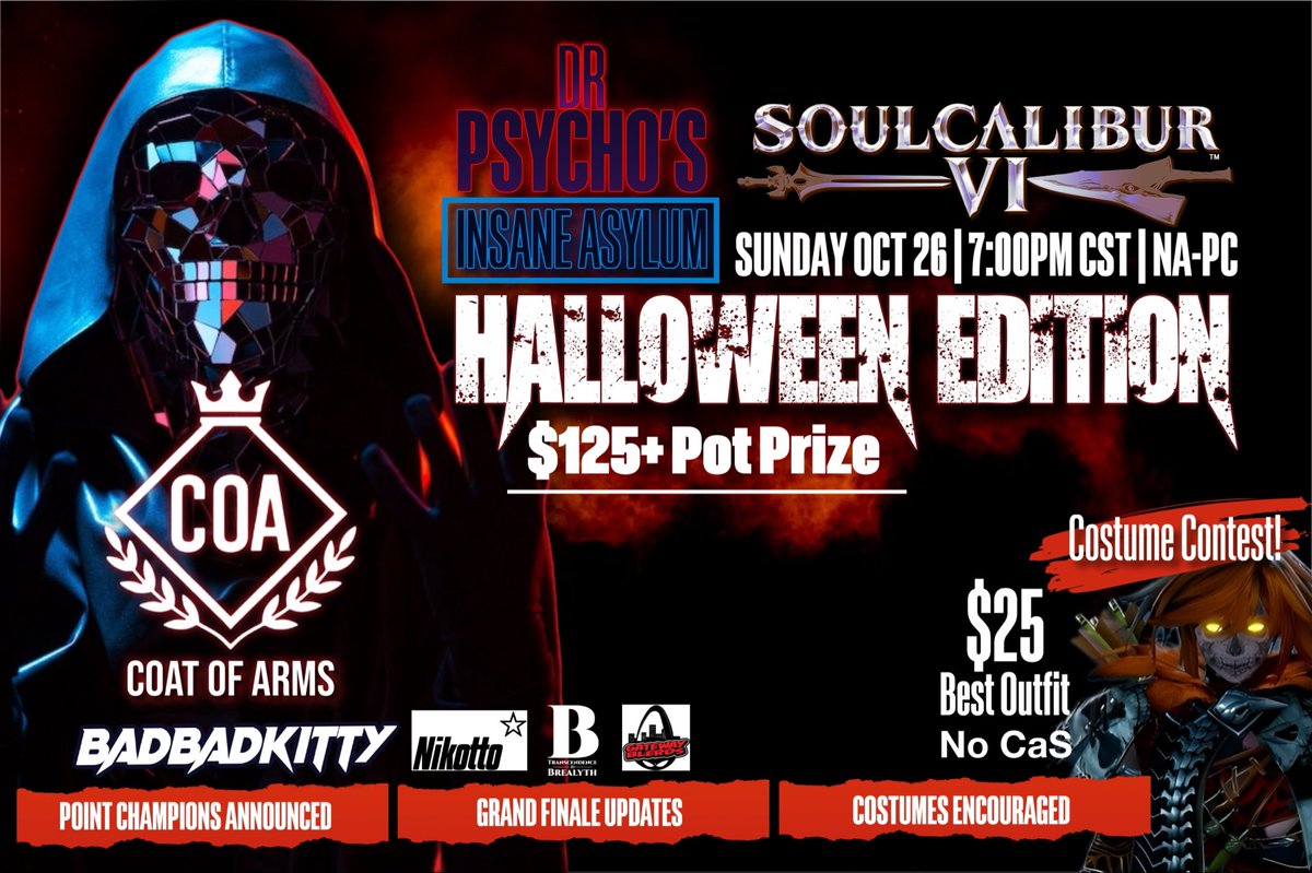 ATTN CALIBUR PLAYERS: Noticed some new faces popping by my profile lately! If you’re curious, I host SoulCalibur VI tournaments, and we’ve got a Halloween themed one this weekend with a costume contest too! 🎃
(You don’t have to be in the tournament to enter!) Details below 👇🏽