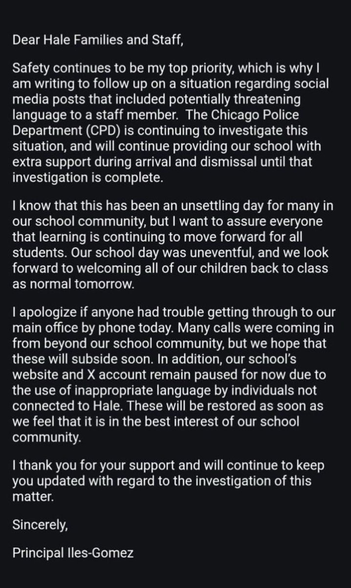 AndrewKolvet's tweet image. A parent from Nathan Hale Elementary School in Chicago, where Lucy Martinez remains employed, just forwarded this email to us from the school Principal Iles-Gomez. This parent is LIVID that the school is making Martinez out to be a victim without even acknowledging her vile…