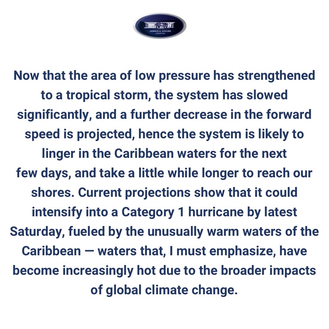 AndrewHolnessJM's tweet image. Statement to Parliament by the Honourable Matthew Samuda, Minister of
Water, Environment and Climate Change on Tropical Storm Melissa.