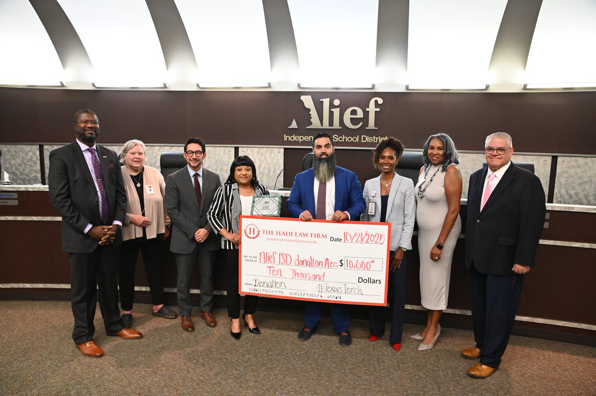 The Alief ISD Board proudly recognized Alief alum and business partner Attorney Husein Hadi of Hadi Personal Injury Law Firm for his generosity and dedication to giving back!  He has donated school supplies and pledged $10,000 to support The Alief Young Women’s Leadership School.