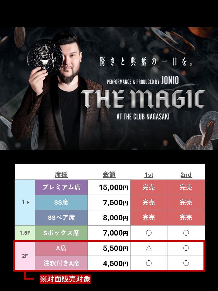 ／
💁対面販売開始！✨
THE MAGIC at THE CLUB NAGASAKI
＼

📍場所：NORTH 2F ジャパレク前
⏰日時：10月22日(水) 12:00～18:30
🎫券種：A席・注釈付きA席
※予定枚数に達し次第販売終了となります。

1F席（プレミアム席・SS席・SSペア席）は既に完売の人気イベントです！✨