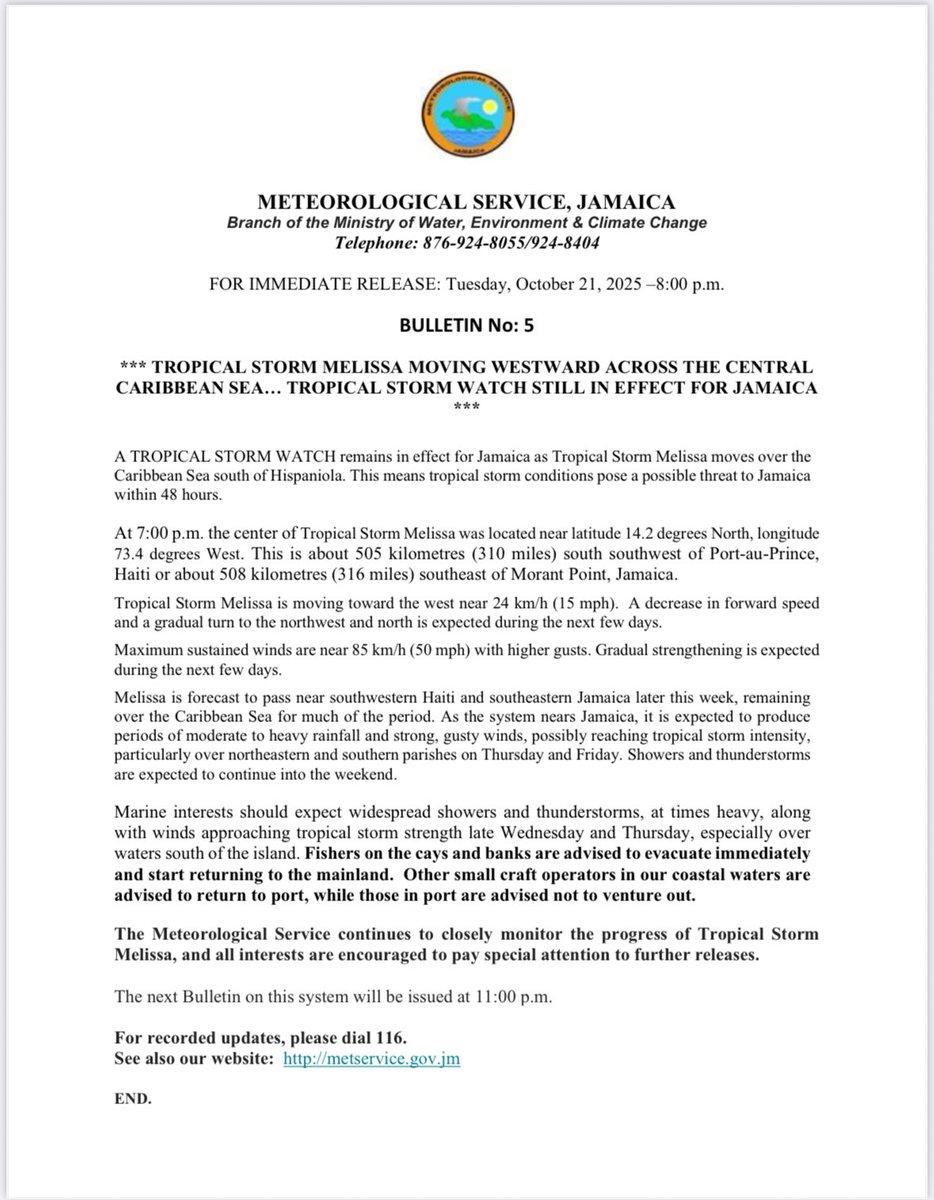 matthewsamuda's tweet image. Please take note of @MetserviceJA 5th Bulletin for Tropical Storm Melissa