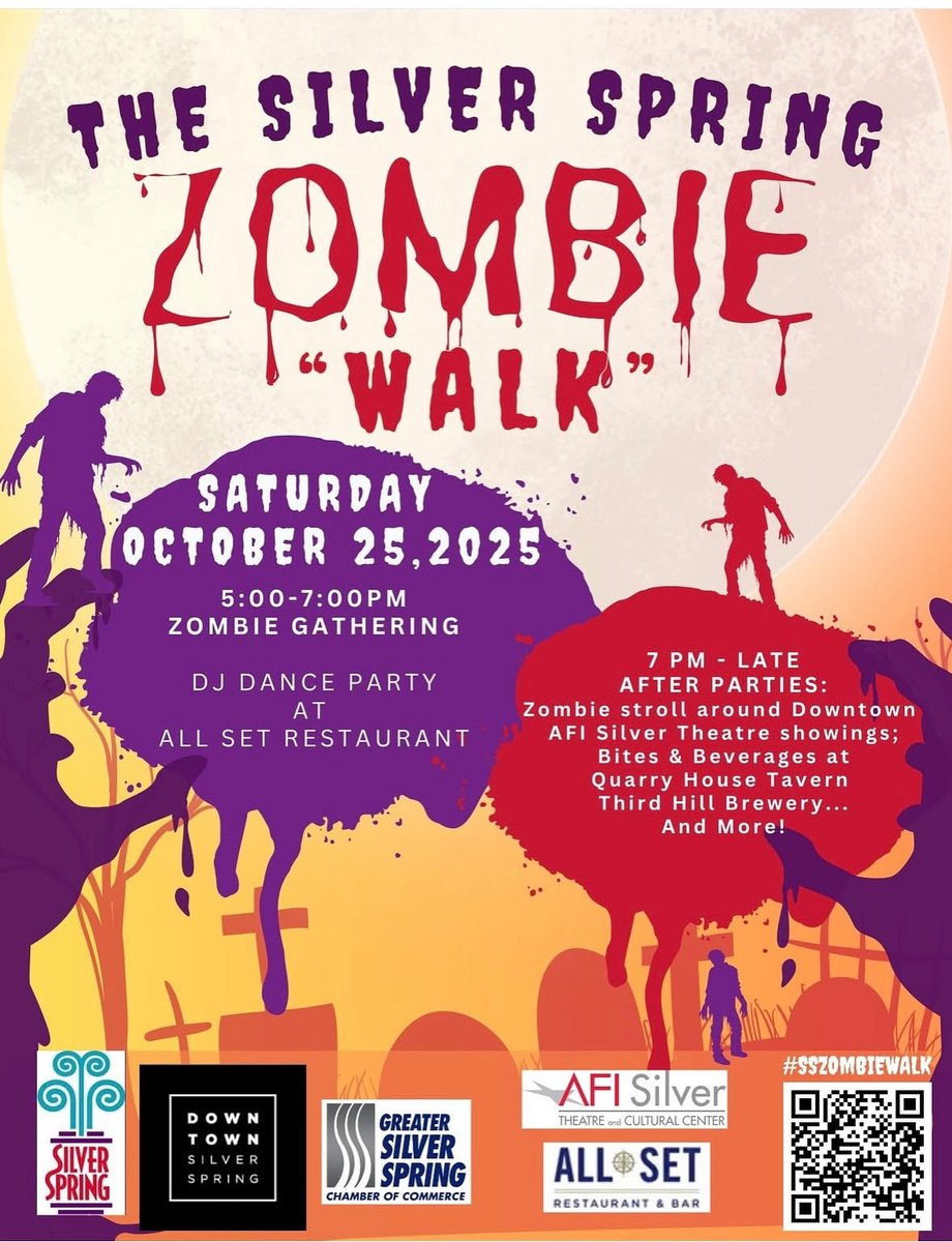 The #ZombieWalk is officially back in #SilverSpring on Saturday, October 25th! 

At 7 p.m., grab your ghoul-friends and follow the undead trail: Fenton → Colesville → Georgia → Ellsworth → and make sure one of your stops is #EllsworthPlace!  
<a href="/SilverSpringMD/">Silver Spring Urban District</a> 

#halloween