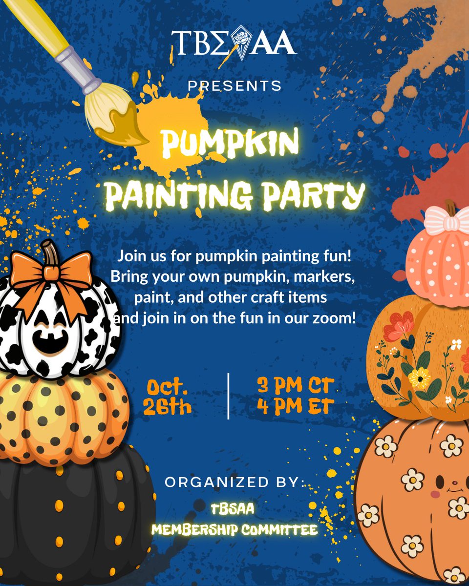 tbsaa's tweet image. ⏰ Tomorrow’s the day! Join the Virtual Pumpkin Painting Party 
🗓Sunday, Oct 26 | 🕓4 PM ET / 3 PM CT | 💻Zoom
Bring your pumpkin &amp;amp; join the fun!
🎯 LAAs: Attending helps earn ACES Challenge Engage Card!
Register now: linktr.ee/tbsaa
#TBSAAEngage #AlumniExperience