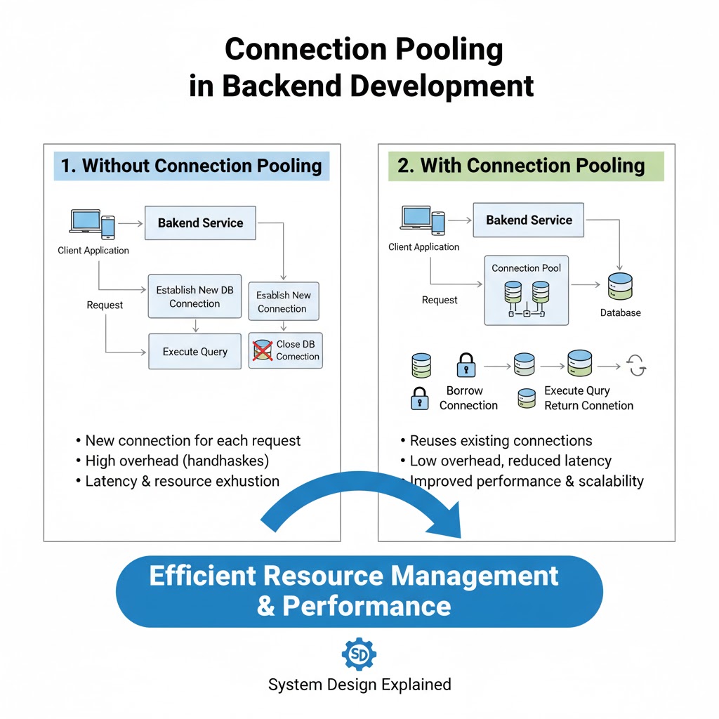 e_opore's tweet image. Connection Pooling in Backend Development
Introduction
โ Connection pooling is the technique of reusing database connections instead of creating a new one for every client request.
โ It improves performance, reduces latency, and optimizes resource utilization in backendโฆ