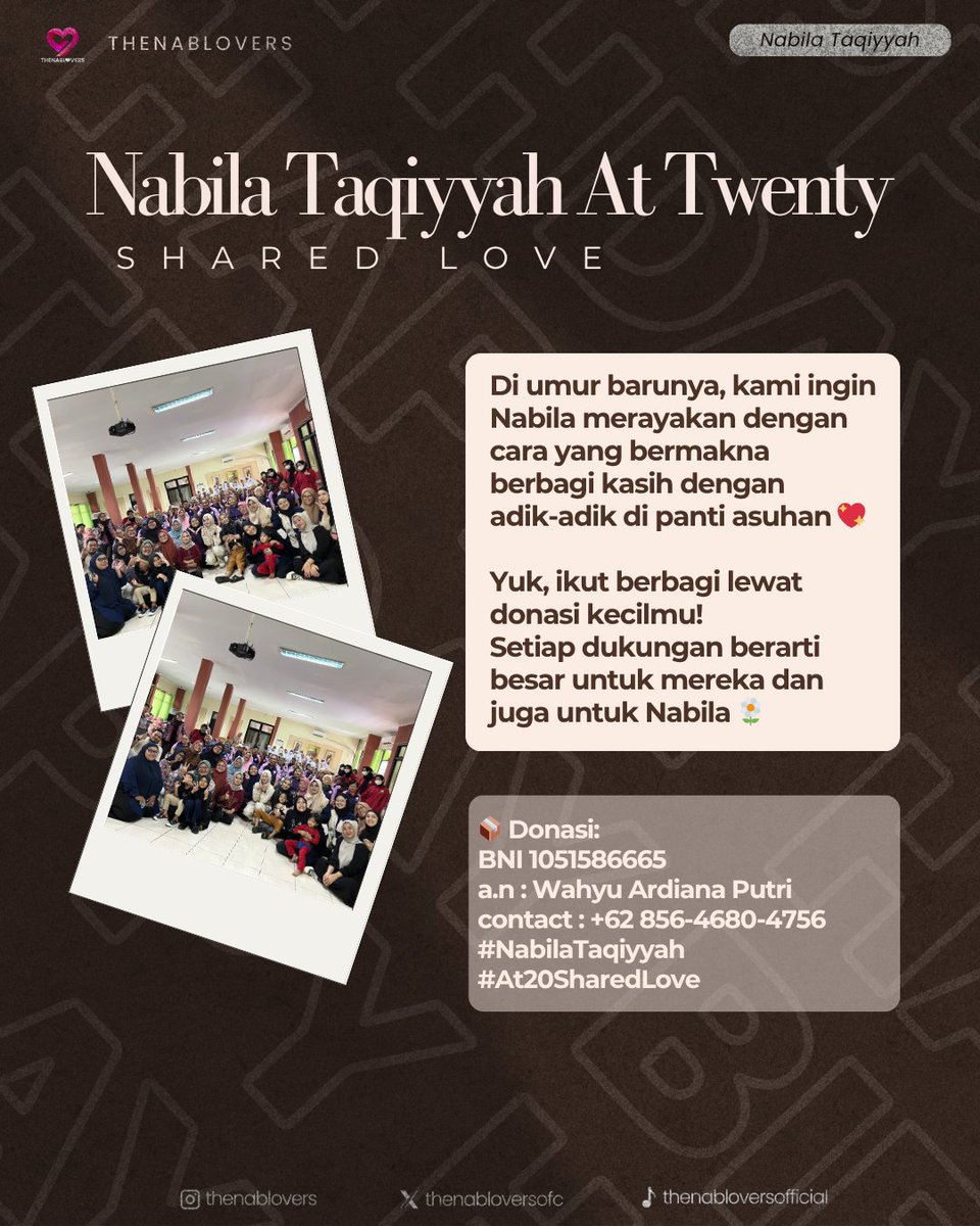 Berbagi cinta, menyebar bahagia 💫
Nabila Taqiyyah At Twenty : Shared Love — project kecil dengan makna besar untuk Nabila dan adik-adik di panti asuhan 💛

#NabilaTaqiyyah #At20SharedLove