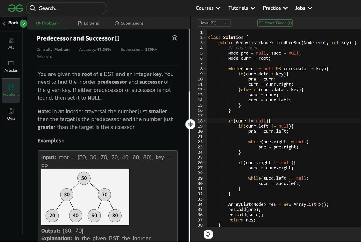 amanhaidry's tweet image. 🗓️Day 91/100
#100DaysOfCode with @GeeksforGeeks 🚀
#binarysearchtree in #DSA
✅Flatten BST to Sorted List
✅Largest BST
✅Predecessor and Successor
🔗Course Link: geeksforgeeks.org/nation-skill-u…
#skillupwithgfg #nationskillup #100DaysOfDSA #geeksforgeeks #gfg #100DaysOfcoding