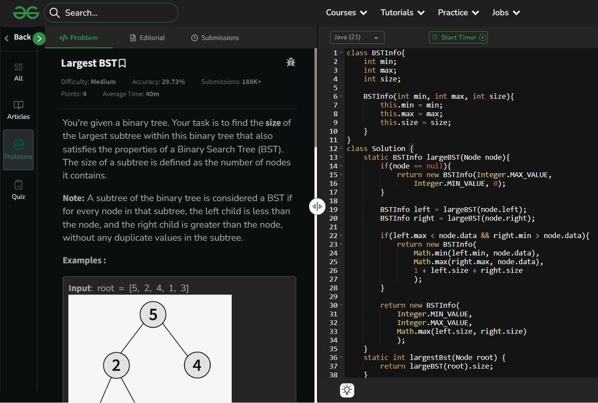 amanhaidry's tweet image. 🗓️Day 91/100
#100DaysOfCode with @GeeksforGeeks 🚀
#binarysearchtree in #DSA
✅Flatten BST to Sorted List
✅Largest BST
✅Predecessor and Successor
🔗Course Link: geeksforgeeks.org/nation-skill-u…
#skillupwithgfg #nationskillup #100DaysOfDSA #geeksforgeeks #gfg #100DaysOfcoding