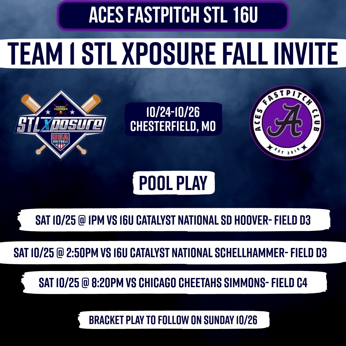 I am very excited to start this fall season out with my team the Aces STL at the HFL team 1 STL exposure invite in Chesterfield Missouri! My schedule is attached below.