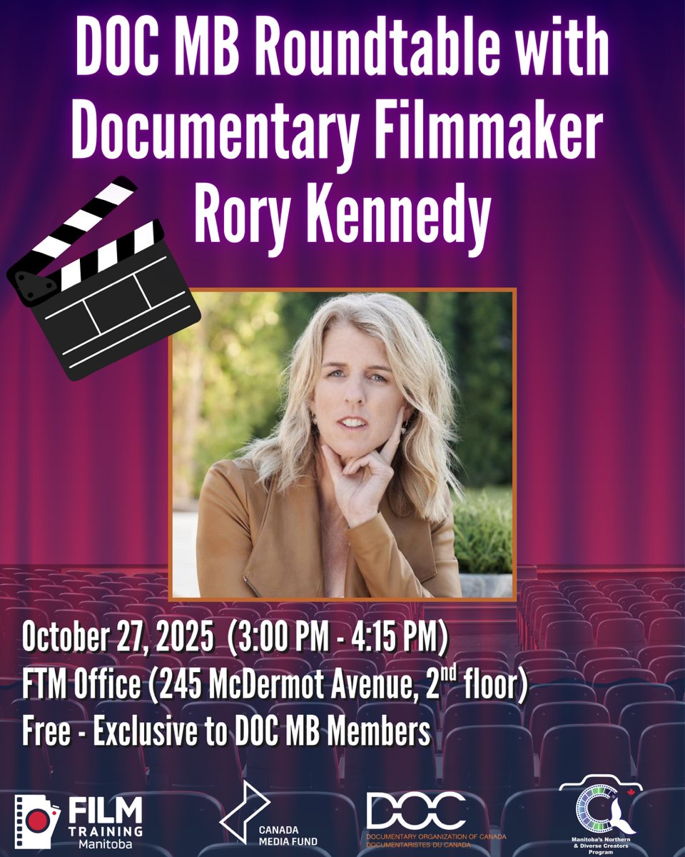 docmanitoba's tweet photo. Next week, DOC Manitoba members are invtied to a FREE roundtable with documentary filmmaker Rory Kennedy! https://t.co/ElPNTbh6CP