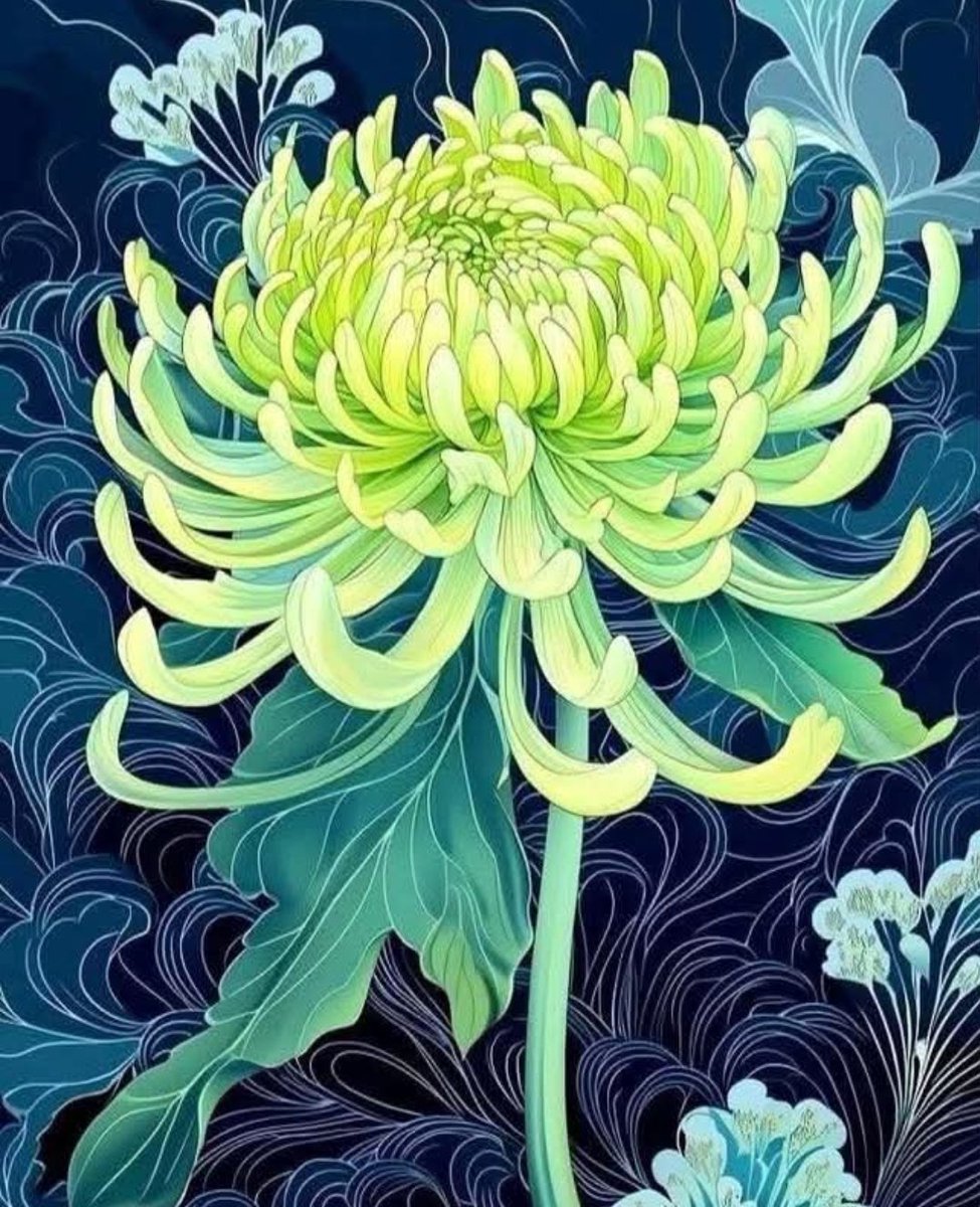 anonymouscaper's tweet image. BAKUFU OHNO might be ?AI inspired by this art, or did they do this version? Feel free to comment. What do "mums" mean to you? Loved the colors and symbolism.  #chrysanthemum #flowers #blockprint #japan