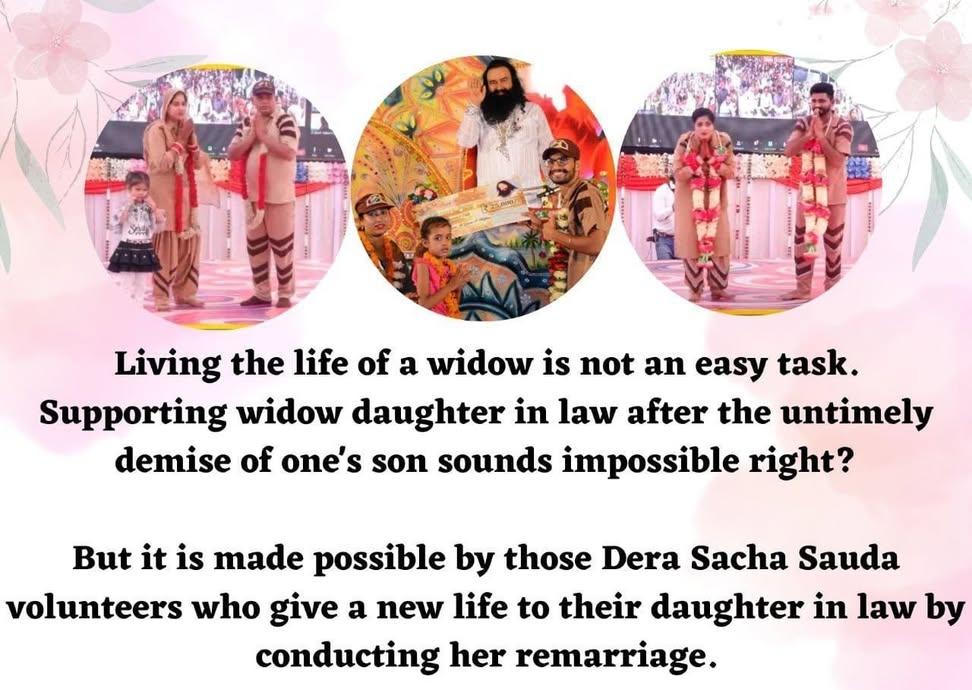 Nehainsan25's tweet image. Many families are becoming #NewLightOfHope for their daughter- in- law to let her start a new life after the untimely demise of their son .
 #WidowsRemarriage by #DeraSachaSauda organization with the holy guidance of great social reformer Saint Gurmeet Ram Rahim Singh Ji