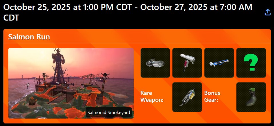 SalmonCrawl's tweet image. STC#18 will be this Sunday Oct 26 starting at 7pm CT with a Halloween theme! DDip and Chase will host the event Sunday night during the Splatoon 2 Yard rotation using the OG Salmon Timer! Hope to see you there!

twitch.tv/ddip528
twitch.tv/chase_an_ace_