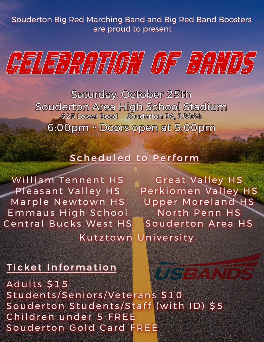 Are you ready?! Just a few more days! Mark your calendar for our 2025 home show spectacular Celebration of Bands on Saturday, October 25th! Gates open at 5 pm so come early! #TunedIn2025 #SoudertonBigRedMarchingBand #USBands <a href="/SASD_SAHS/">Souderton Area HS</a>