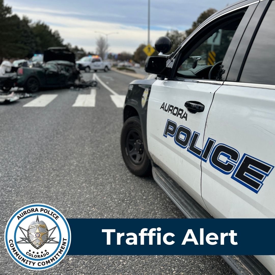 AuroraPD's tweet photo. #APDTrafficAlert Colfax Ave. is shutdown between Laredo St. and Chambers Rd. for a fatal auto-pedestrian crash investigation. One adult male victim died at the scene. Please avoid the area. We will update this thread with any additional details. https://t.co/xmk4QKIQk3
