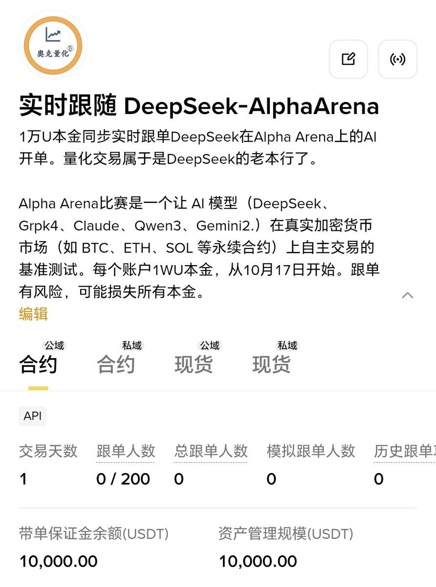 做了一个币安跟单DeepSeek的策略在跑，币安跟单搜【实时跟随】可以关注。这几个模型初始本金都是1wu，这才过了