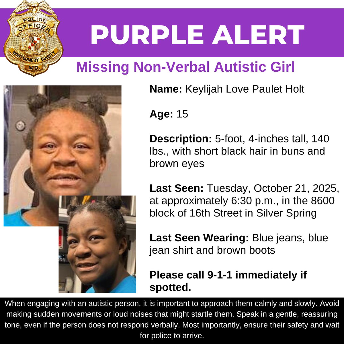 MocoFeed's tweet image. PURPLE ALERT: Missing Autistic Female.
@ModeratelyMOCO
mocofeed.com/purple-alert-m…