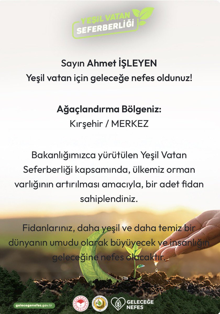 Millî Eğitim camiası olarak yeni eğitim-öğretim yılımıza “Yeşil Vatan” temasıyla başladık; #YeşilVatanSeferberliği'nde en ön saflarda yerimizi aldık. 

gelecegenefes.gov.tr