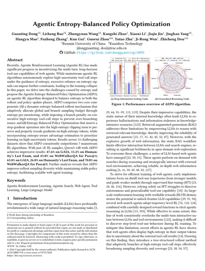 ana5khan's tweet image. This paper focuses on tackling entropy-induced instability in Agentic Reinforcement Learning.
It proposes AEPO (Agentic Entropy-Balanced Policy Optimization) — a method that balances entropy during rollouts & updates, boosting exploration stability and tool-use efficiency in web…