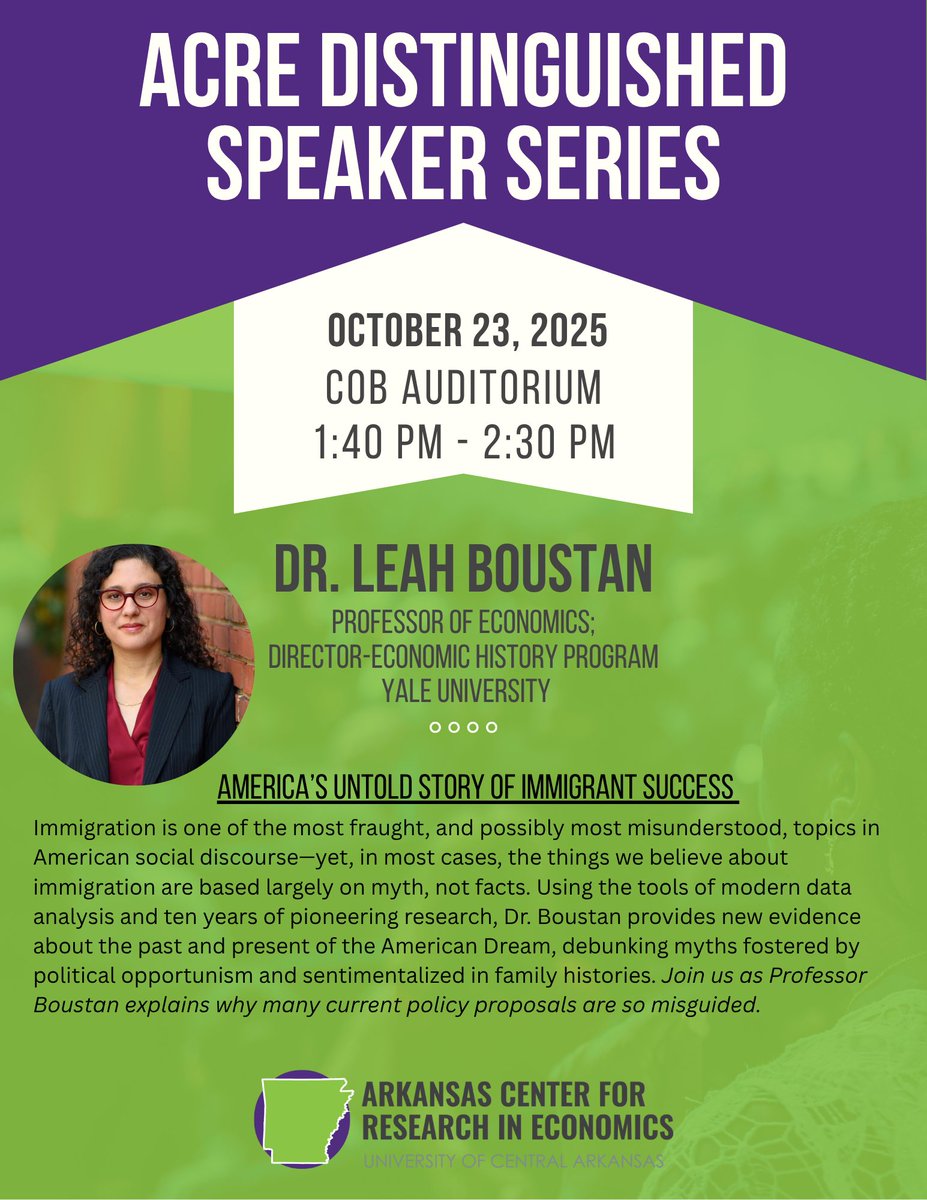 This Thursday, we will be hosting <a href="/leah_boustan/">Leah Boustan</a> at <a href="/UCABusiness/">UCA College of Business</a>. She will be giving a public talk at 1:40pm on "America's Untold Story of Immigrant Success"