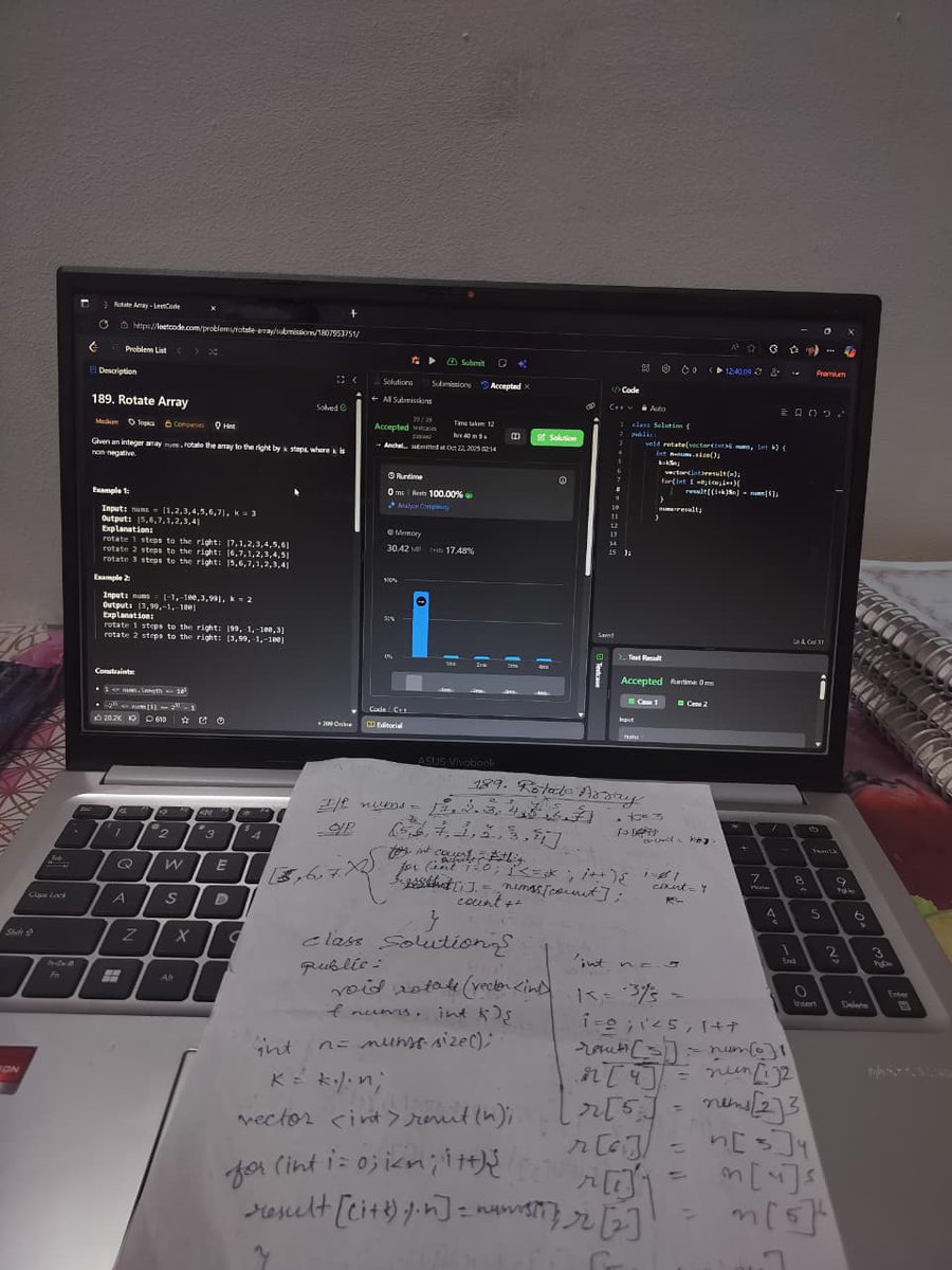 AnchalGupta009's tweet image. Day 29: Rotate. Adapt. Repeat. 🔁
Two-pointer? Modulo math? Tried them all ended with a clean rotation logic.
Every iteration improves both code and mindset. 🔄
#LeetCode #CPP #CodingJourney #Developer #KeepBuildin