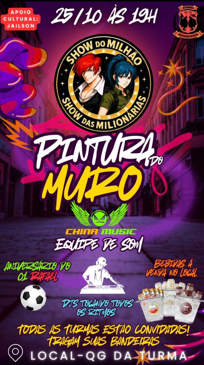 2020_show's tweet photo. SABADAO É NOSSA PINTURA DE MURO E VCS JA SABE COMO  VAI FICAR🔥🔥🔥
TODAS TURMAS ESTAO CONVIDADAS, SÓ  TRAZER AS BANDEIRA!!! https://t.co/DEFYud0Jmu
