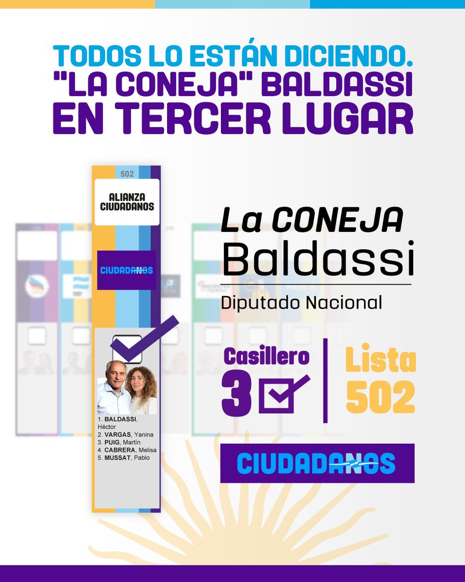 En una Argentina polarizada, la opción es la mesura y el compromiso con:
✔️El equilibrio fiscal y a su vez el cuidado de los más vulnerables;
✔️Las universidades y la salud pública;
✔️La producción, la industria y la infraestructura;
Por eso este domingo voto a <a href="/HectorBaldassi/">Héctor “La Coneja” Baldassi</a>
