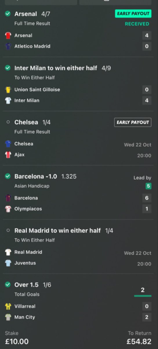 FernandoCcavid1's tweet photo. My Champions league bet update Tuesday games all green ✅ moving to Wednesday last two games⏳⏳ https://t.co/RvExRUzs3d