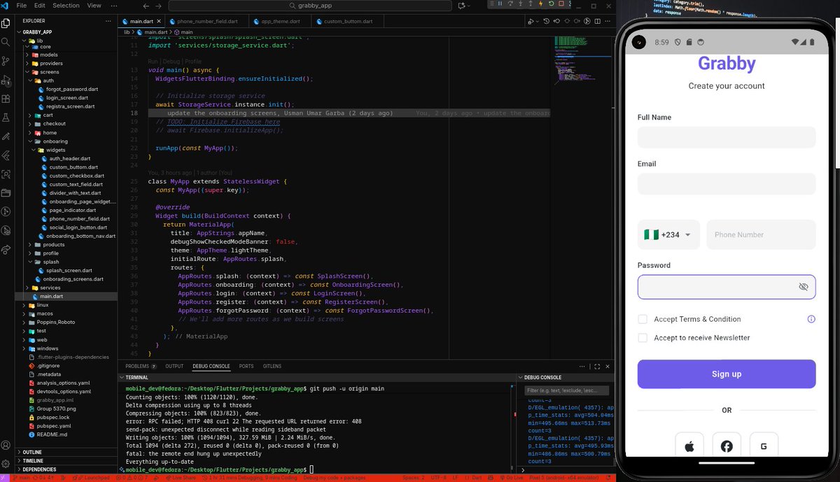 dev_useee's tweet image. Every line of code brings me closer to the dream. ✨
building Grabby an e-commerce app with cool and alot of features.
Finished working on the authen UI, will be implementing some logic and setting backend tonght,
#GrabbyApp #buildinginpublic #Flutter