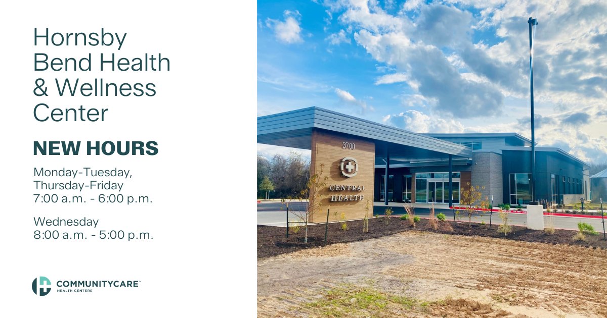 CommUnityCareTX's tweet image. The Hornsby Bend Health & Wellness Center is now open five days a week with expanded hours to better serve our community.
🕒 New Hours:
Mon–Tue: 7 AM–6 PM
Wed: 8 AM–5 PM
Thu–Fri: 7 AM–6 PM
#CommUnityStrong #HornsbyBend #HealthyATX #CommunityHealth #HealthEquity