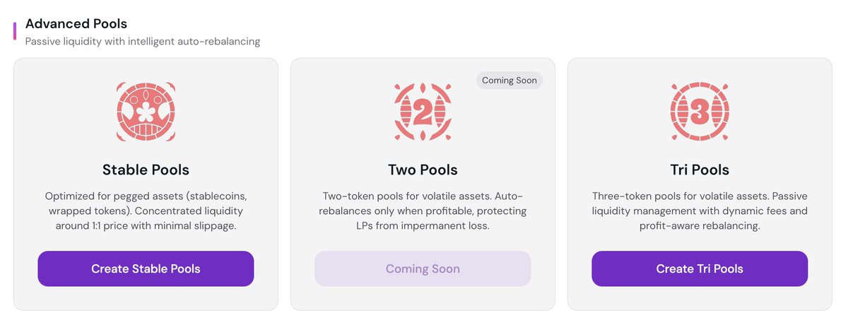 KonaDeFi's tweet image. New pool types on Kona now available.

&apos;Two Pool&apos; and &apos;Tri Pool&apos; options introduce passive liquidity management, automatically adjusting to market conditions to optimize returns and protect liquidity providers (LPs) from unnecessary losses.

&amp;gt; app.kona.surf/pools