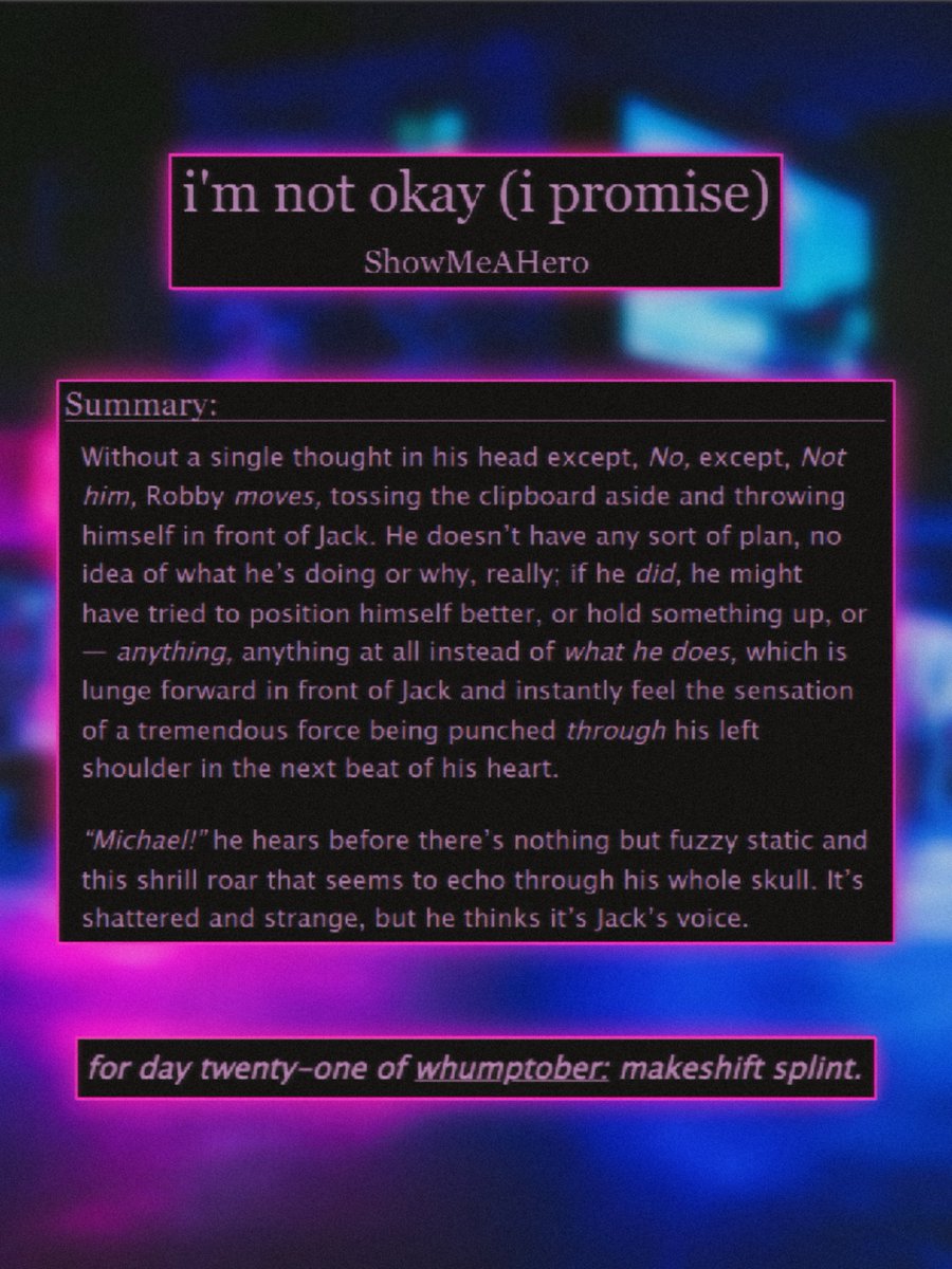 nicole__mello's tweet photo. 💥 i'm not okay (i promise)
💥 e ▪︎ 8.7k
💥 established jack/robby, gunshot wounds, self-sacrifice, ignoring injuries, hurt/comfort, robby whump
💥 for #whumptober, day 21: makeshift splint
💥 https://t.co/HAgn6DzXyb
💥 #rabbot #robbot #jackrobby #thepitt #robbyabbot #pitt https://t.co/Pt2zeU8Ty8